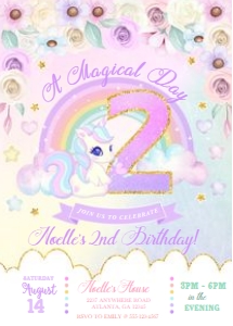 Pastel Rainbow Unicorn Number Birthday Invitation -2: Pastel Rainbow Unicorn Number Birthday Invitation -2