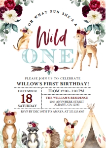 Burgundy Boho Wild One Woodland Birthday Invitation: Burgundy Boho Wild One Woodland Birthday Invitation