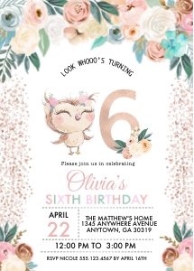 Peachy Owl Birthday Invitation - SIXTH: Peachy Owl Birthday Invitation - SIX