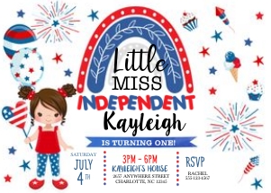 4th of July Little Miss Independent Birthday Invitation -3: 4th of July Little Miss Independent Birthday Invitation- 3
