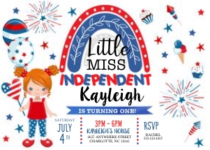 4th of July Little Miss Independent Birthday Invitation -4: 4th of July Little Miss Independent Birthday Invitation- 4