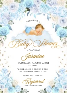 Blue Floral Sleeping Baby Invitation -2: Blue Floral Sleeping Baby Shower Invitation -2