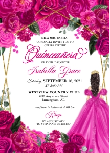 Fuchsia Pink Floral Quinceanera Invitation -1 design preview