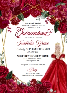 Red Floral Quinceanera Invitation -2 (Gold): Red Floral Quinceanera Invitation -2 (Gold)