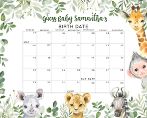 222 Safari Animals Baby Shower Calendar 10x8: 222 Safari Animals Baby Shower Calendar