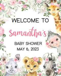 223 Pink Floral Safari Animals Baby Shower Welcome Sign 16x20: 223 Pink Floral Safari Animals Baby Shower Welcome Sign