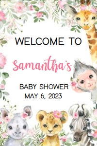 223 Pink Floral Safari Animals Baby Shower Welcome Sign 24x36: 223 Pink Floral Safari Animals Baby Shower Welcome Sign