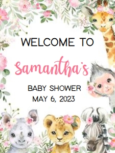 223 Pink Floral Safari Animals Baby Shower Welcome Sign 18x24: 223 Pink Floral Safari Animals Baby Shower Welcome Sign