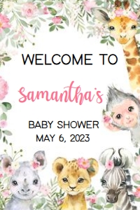 223 Pink Floral Safari Animals Baby Shower Welcome Sign 20x30: 223 Pink Floral Safari Animals Baby Shower Welcome Sign