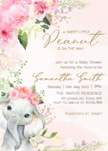 224 Pink Spring Floral Elephant Invitation: 224 Pink Spring Floral Elephant Invitation