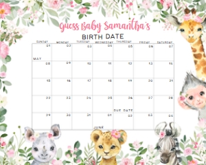 223 Pink Floral Safari Animals Baby Shower Calendar 10x8: 223 Pink Floral Safari Animals Baby Shower Calendar