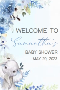 226 Blue Spring Floral Elephant Baby Shower Welcome Sign 20x30: 226 Blue Spring Floral Elephant Baby Shower Welcome Sign