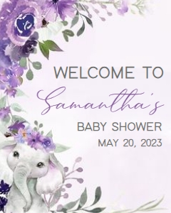 228 Purple Spring Floral Elephant Baby Shower Welcome Sign 16x20: 228 Purple Spring Floral Elephant Baby Shower Welcome Sign