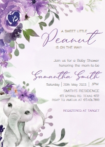 228 Purple Spring Floral Elephant Invitation: 228 Purple Spring Floral Elephant Baby Shower Invitation