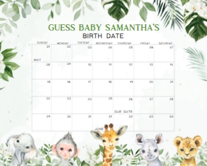 225 Jungle Safari Animals Baby Shower Calendar 20x16: 225 Jungle Safari Animals Baby Shower Calendar