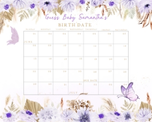 232 Purple Butterfly Baby Shower Calendar 10x8: 232 Purple Butterfly Baby Shower Calendar