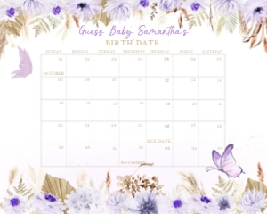 232 Purple Butterfly Baby Shower Calendar 20x16: 232 Purple Butterfly Baby Shower Calendar