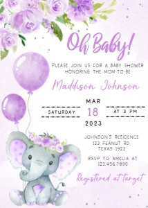 243 Purple Balloon Elephant Baby Shower Invitation: 243 Purple Balloon Elephant Baby Shower Invitation