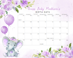 243 Purple Balloon Elephant Baby Shower Calendar 20x16: 243 Purple Balloon Elephant Baby Shower Calendar