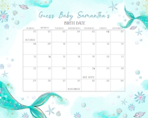 270 Aqua Blue Mermaid Baby Shower Calendar 10x8: 270 Aqua Blue Mermaid Baby Shower Calendar