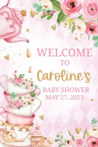 279 Pink Vintage Tea Party Baby Shower Welcome Sign 20x30: 279 Pink Vintage Tea Party Baby Shower Welcome Sign