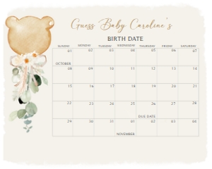 292 Brown Bear Balloon Baby Shower Calendar 20x16: 292 Brown Bear Balloon Baby Shower Calendar