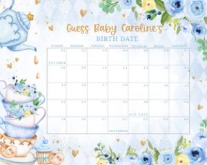 298 Blue Vintage Tea Party Baby Shower Calendar 10x8: 298 Blue Vintage Tea Party Baby Shower Calendar