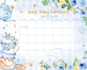 298 Blue Vintage Tea Party Baby Shower Calendar 20x16: 298 Blue Vintage Tea Party Baby Shower Calendar