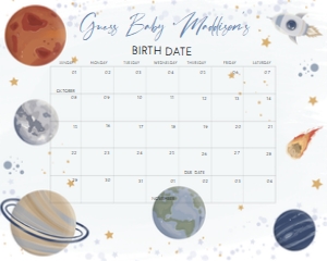 325 Space Baby Shower Calendar 20x16: 325 Space Baby Shower Calendar