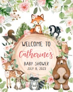 403 Floral Wood Slice Woodland Animals Baby Shower Welcome Sign 16x20: 403 Floral Wood Slice Woodland Animals Baby Shower Welcome Sign