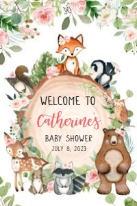 403 Floral Wood Slice Woodland Animals Baby Shower Welcome Sign 24x36: 403 Floral Wood Slice Woodland Animals Baby Shower Welcome Sign
