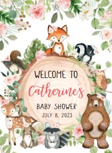 403 Floral Wood Slice Woodland Animals Baby Shower Welcome Sign 11x15: 403 Floral Wood Slice Woodland Animals Baby Shower Welcome Sign