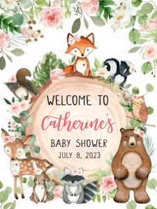 403 Floral Wood Slice Woodland Animals Baby Shower Welcome Sign 18x24: 403 Floral Wood Slice Woodland Animals Baby Shower Welcome Sign