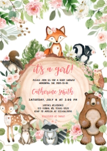 403 Floral Wood Slice Woodland Animals Baby Shower Invitation: 403 Floral Wood Slice Woodland Animals Baby Shower Invitation Set