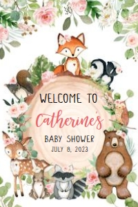 403 Floral Wood Slice Woodland Animals Baby Shower Welcome Sign 20x30: 403 Floral Wood Slice Woodland Animals Baby Shower Welcome Sign
