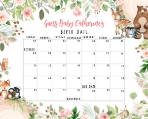 403 Floral Wood Slice Woodland Animals Baby Shower Calendar 10x8: 403 Floral Wood Slice Woodland Animals Baby Shower Calendar