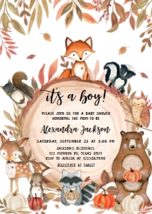 406 Fall Pumpkin Wood Slice Woodland Animals Baby Shower Invitation: 406 Fall Pumpkin Wood Slice Woodland Animals Baby Shower Invitation Set