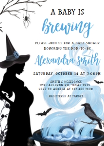 449 Blue Witch a Baby is Brewing Halloween Baby Shower Invitation: 449 Blue Witch a Baby is Brewing Halloween Baby Shower Invitation