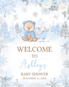 522 Blue Winter Bear Baby Shower Welcome Sign 16x20: 522 Blue Winter Bear Baby Shower Welcome Sign