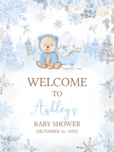 522 Blue Winter Bear Baby Shower Welcome Sign 18x24: 522 Blue Winter Bear Baby Shower Welcome Sign