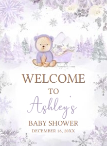 524 Purple Winter Bear Baby Shower Welcome Sign 11x15: 524 Purple Winter Bear Baby Shower Welcome Sign