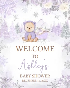 524 Purple Winter Bear Baby Shower Welcome Sign 16x20: 524 Purple Winter Bear Baby Shower Welcome Sign