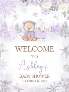 524 Purple Winter Bear Baby Shower Welcome Sign 18x24: 524 Purple Winter Bear Baby Shower Welcome Sign