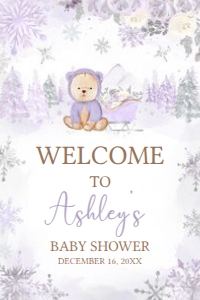 524 Purple Winter Bear Baby Shower Welcome Sign 20x30: 524 Purple Winter Bear Baby Shower Welcome Sign