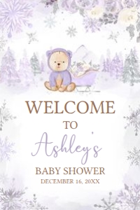 524 Purple Winter Bear Baby Shower Welcome Sign 24x36: 524 Purple Winter Bear Baby Shower Welcome Sign