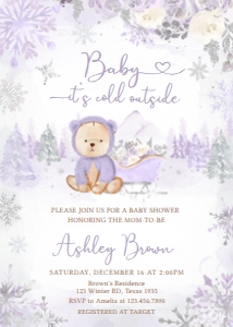 524 Purple Winter Bear Baby Shower Invitation: 524 Purple Winter Bear Baby Shower Invitation Set