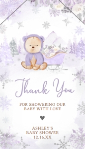 524 Purple Winter Bear Baby Shower Favor Tag with Line: 524 Purple Winter Bear Baby Shower Favor Tag