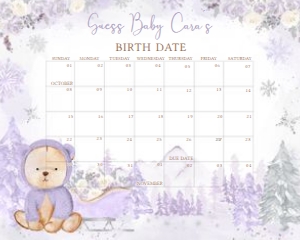 524 Purple Winter Bear Baby Shower Calendar 20x16: 524 Purple Winter Bear Baby Shower Calendar