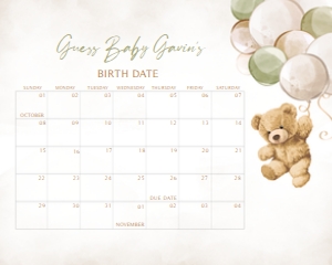 526 Green Balloon Bear Baby Shower Calendar 20x16: 526 Green Balloon Bear Baby Shower Calendar