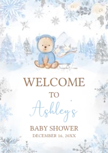 522 Blue Winter Bear Baby Shower Welcome Sign A4: 522 Blue Winter Bear Baby Shower Welcome Sign